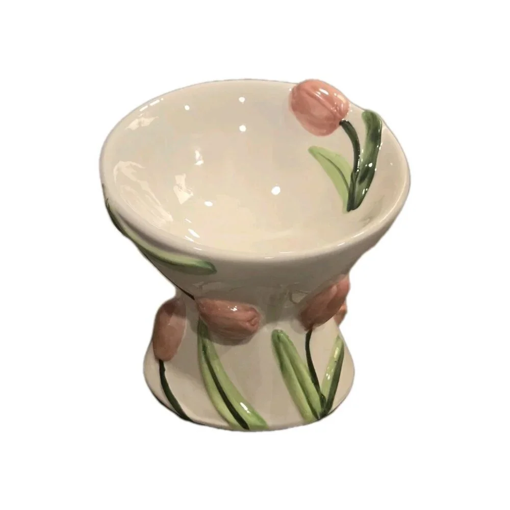 New Pink Tulip Flower Ceramic Raised Tilted Cat Small Dog Pedestal Bowl